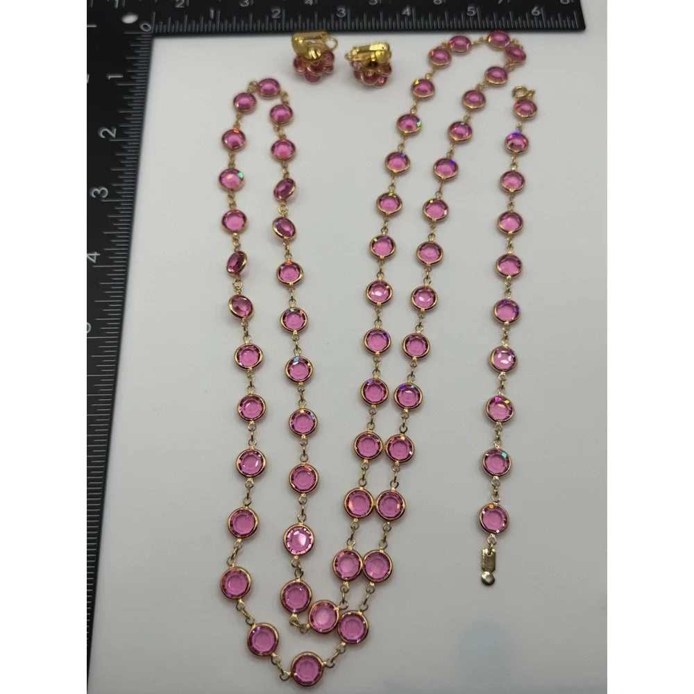 Vintage Pink Open Back Crystal‎ Necklace Clip On Earrings Bracelet Set Gold Tone
